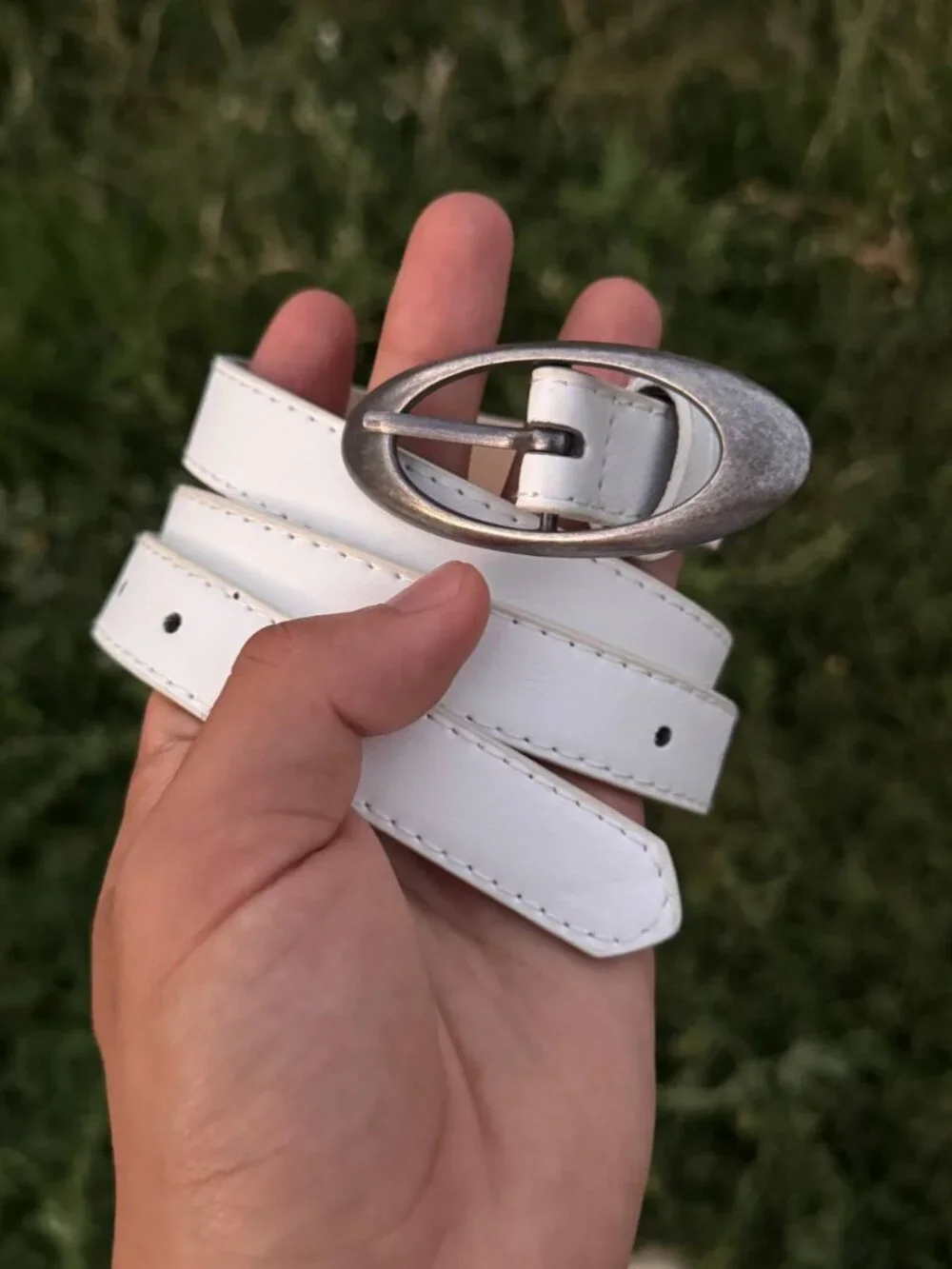 White Belt with Oversized Silver Oval Buckle